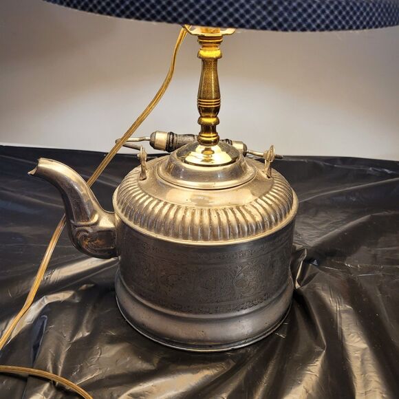 Vtg Nickel Plated Teapot Electric Lamp W/blue Checkered Shade - Picture 8 of 16